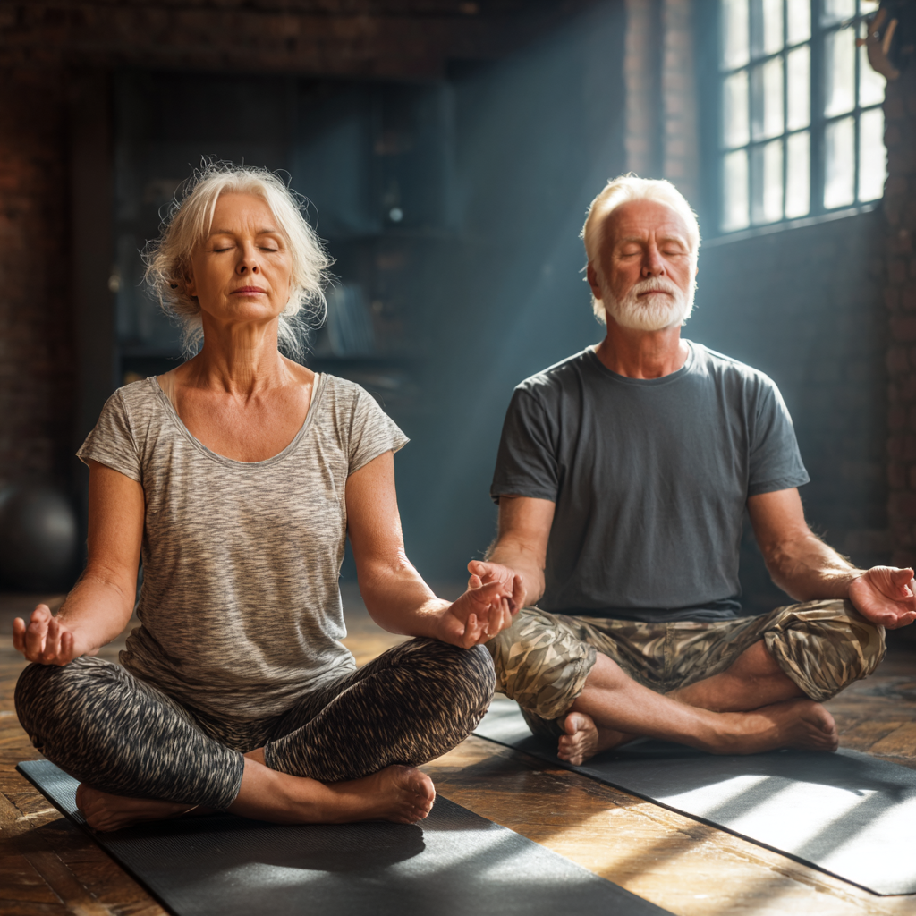 56 years old man and woman practicing yoga meditation in serene studio environment