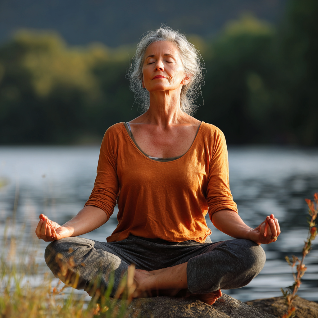 56 years old woman practicing gentle yoga poses in peaceful natural setting