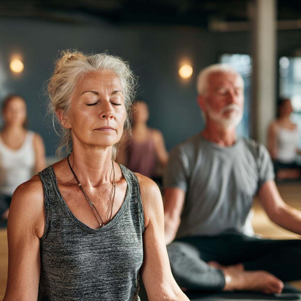 Peaceful yoga studio with mature practitioners in comfortable meditation poses